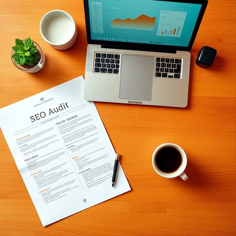 Flat-lay cu raport SEO tipărit, laptop cu interfață teal și cafea pe un birou din lemn cald