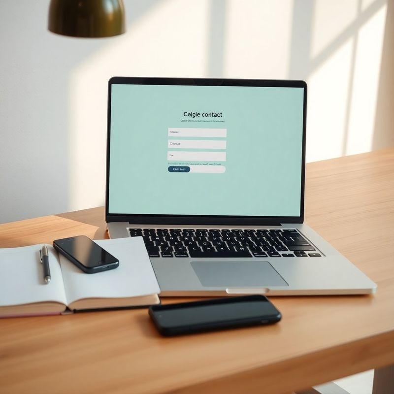 Spațiu de lucru minimalist cu notebook, telefon și laptop cu formular de contact deschis