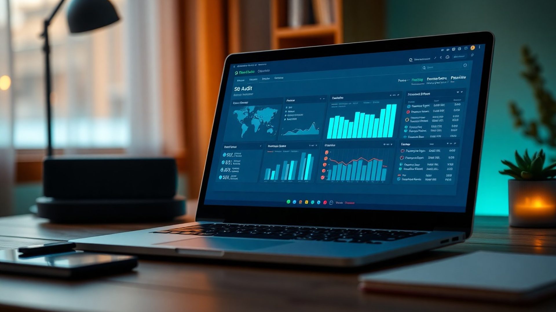 Ecran de laptop care afișează un dashboard SEO în tonuri teal, cu grafice de trafic organic și listă de erori tehnice