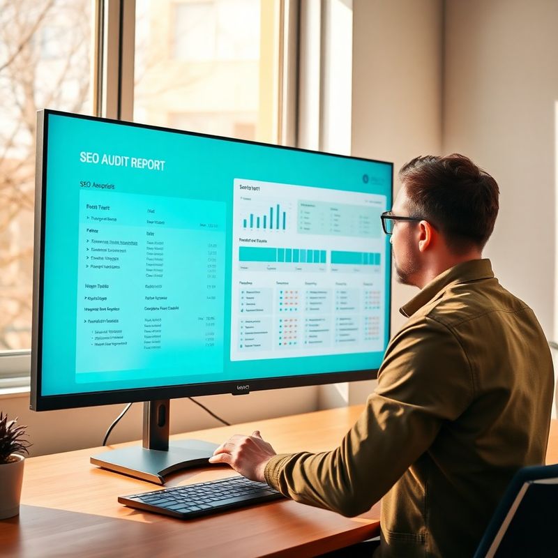 Specialist care revizuiește un raport de audit SEO pe un monitor mare, într-un birou luminos din Brașov