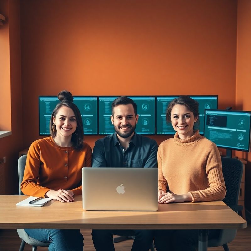 Echipă de trei specialiști SEO într-un studio modern din Brașov, cu ecrane care afișează interfețe teal